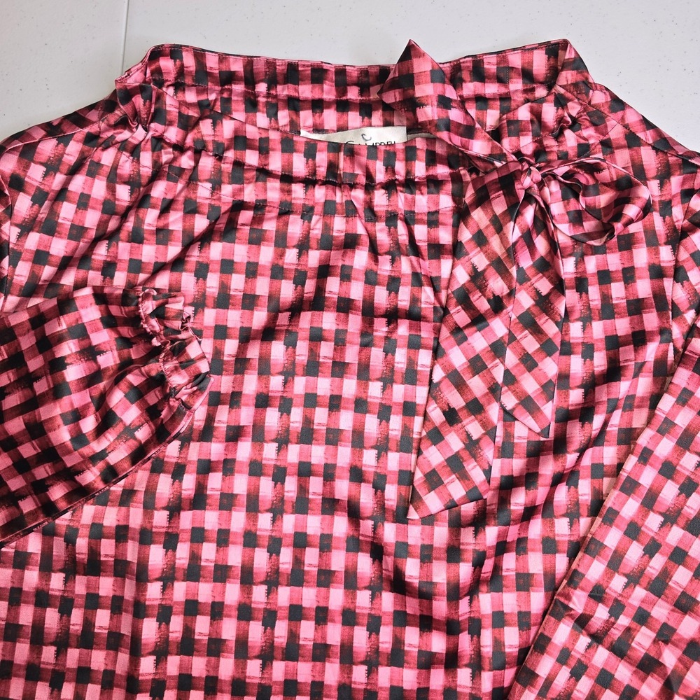 SARA CAMPBELL Women's XS Pink And Black Plaid Bow Collar Top -1340‎